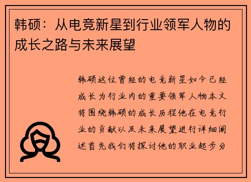 韩硕：从电竞新星到行业领军人物的成长之路与未来展望